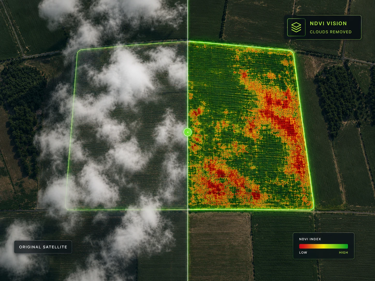 NDVI Vision показує робочу NDVI-картину поля у хмарних умовах